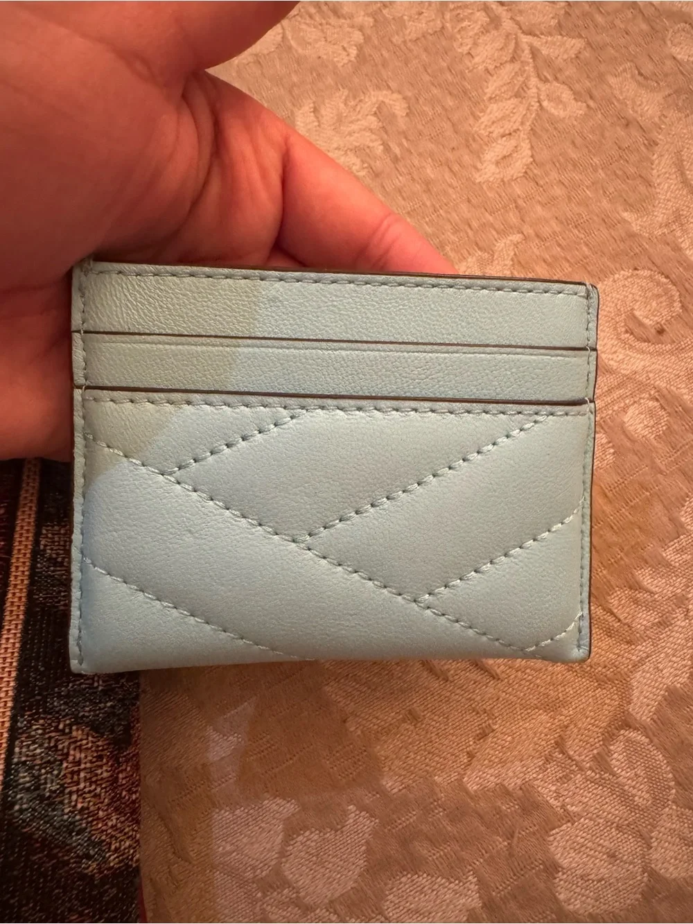 Tory Burch Quilted Card Case in Light Blue with Silver Logo